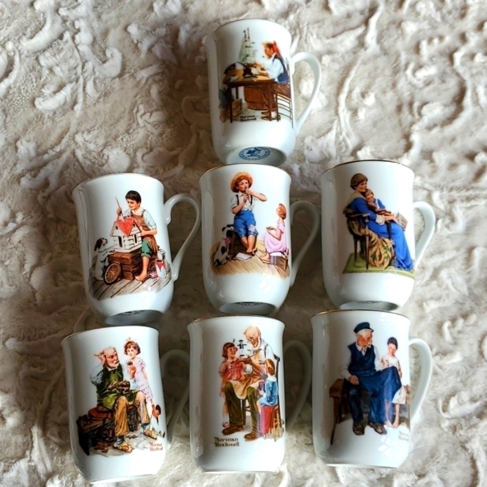 Norman Rockwell Made in Japan Museum Set of 7 Coffee or‎ Tea Cups Gold Rimmed